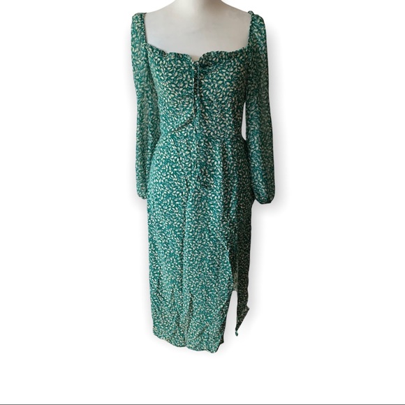 Zara Floral Green Midi Split Hem Dress Garden Plant Women's Medium - Picture 9 of 10